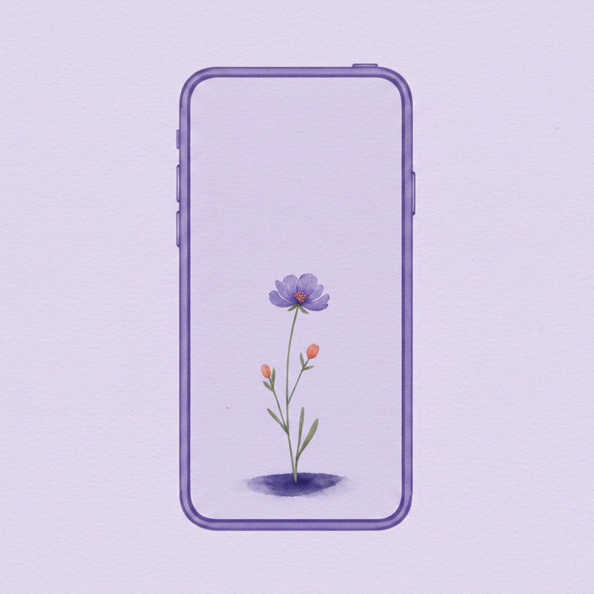 Watercolor illustration of an empty phone home screen with a single flower growing where an app icon used to be