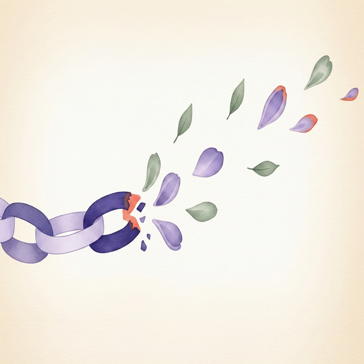 Watercolor illustration of a paper chain coming undone with the loose pieces softening into floating sage and dusty rose petals