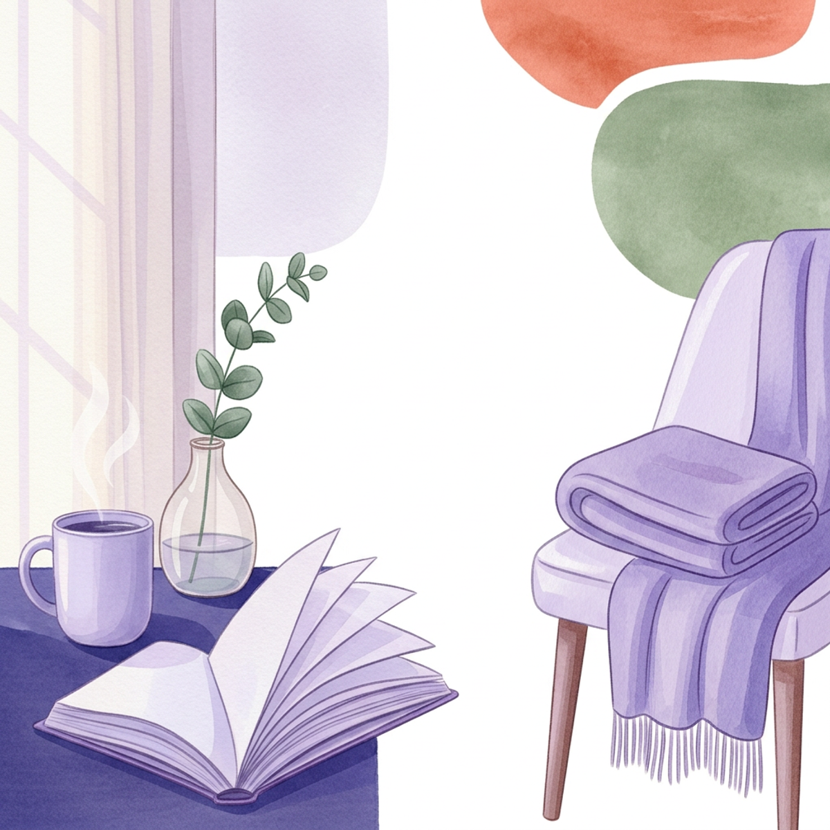 Watercolor still life of a steaming clay mug, an open paperback book, a small vase with eucalyptus and a soft draped throw on a chair