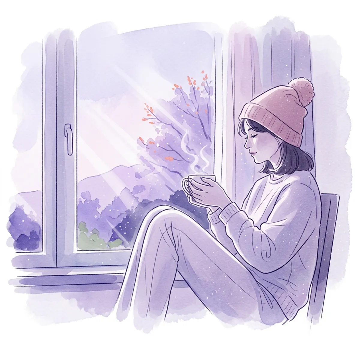 Watercolor illustration of a person sitting peacefully by a window with morning tea