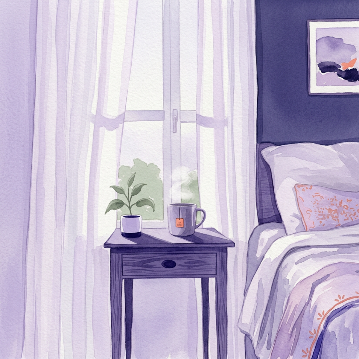 Watercolor illustration of soft morning light through a window with a steaming cup on a nightstand