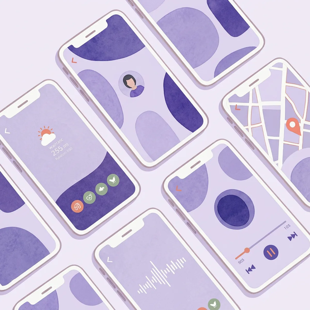 Watercolor illustration of smartphone screens showing gentle, colorful app interfaces
