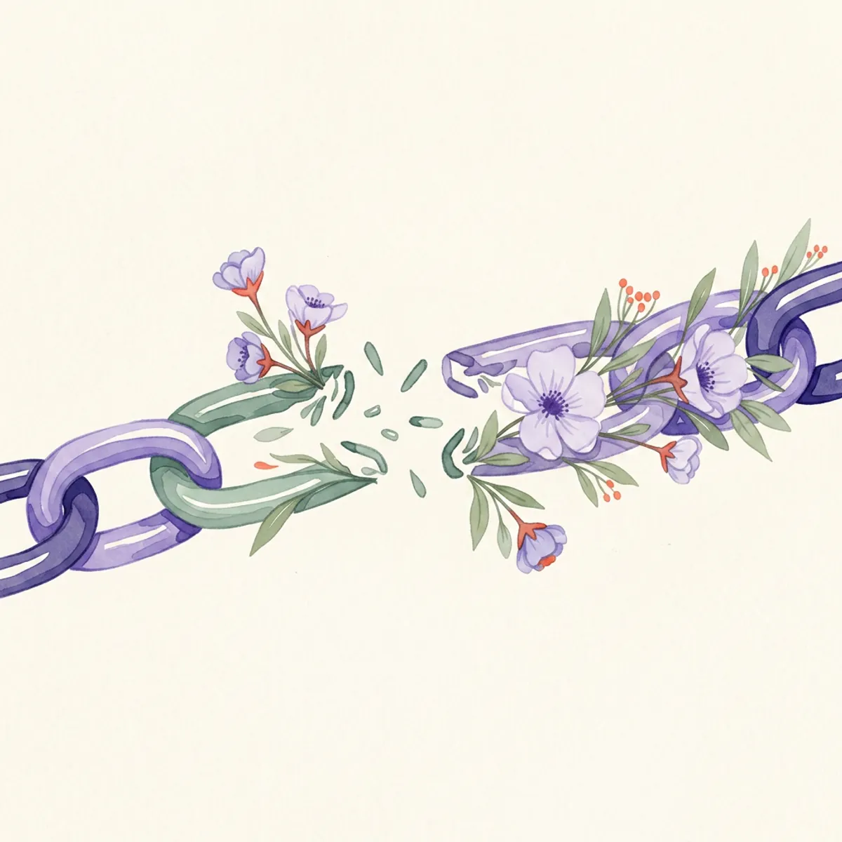 Watercolor illustration of broken chain links gently transforming into blooming flowers
