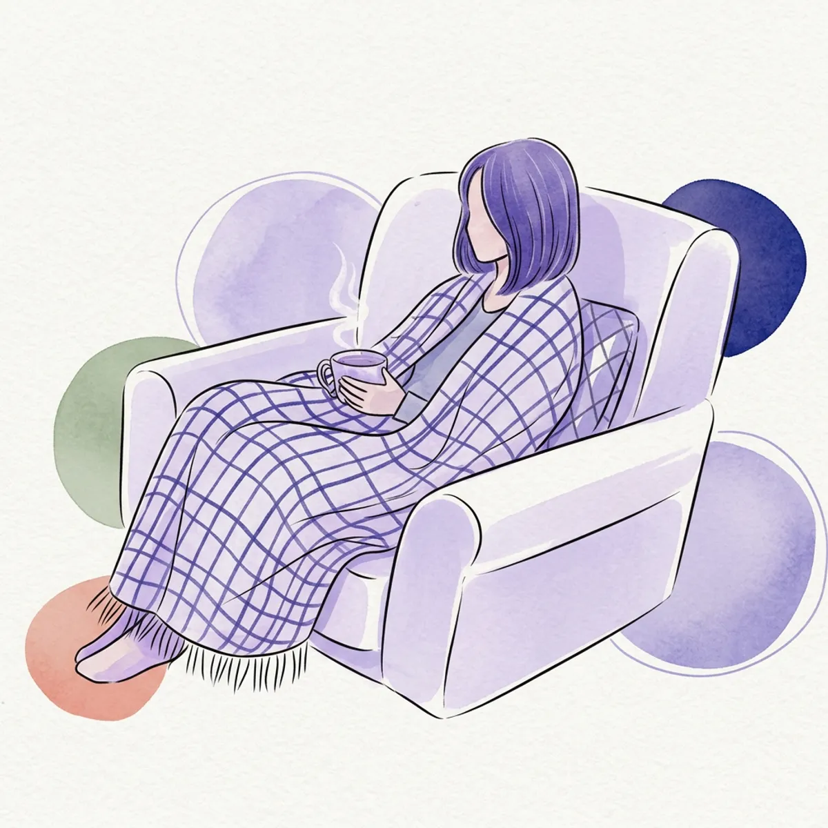 Watercolor illustration of a person sitting peacefully in a cozy armchair wrapped in a blanket holding a cup of tea
