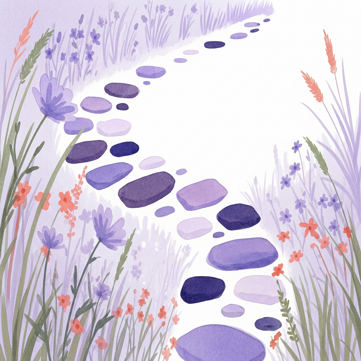 Watercolor illustration of a meandering stone path winding through a soft garden of wildflowers and tall grasses
