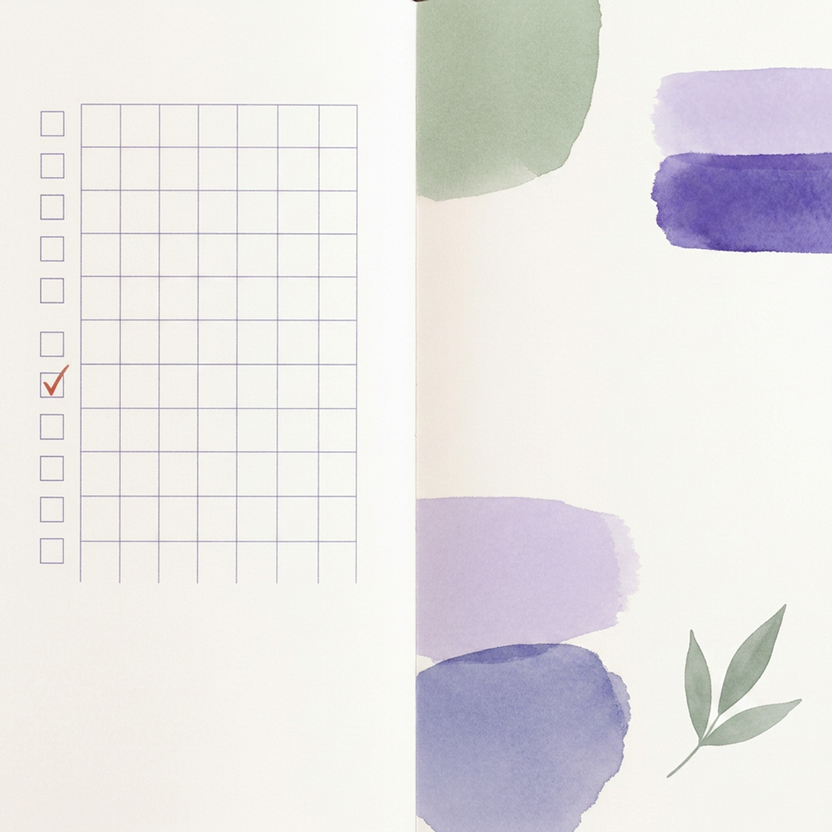 Watercolor illustration of two open notebooks side by side, one with a rigid grid of checkboxes, one with soft brushstrokes and a painted leaf