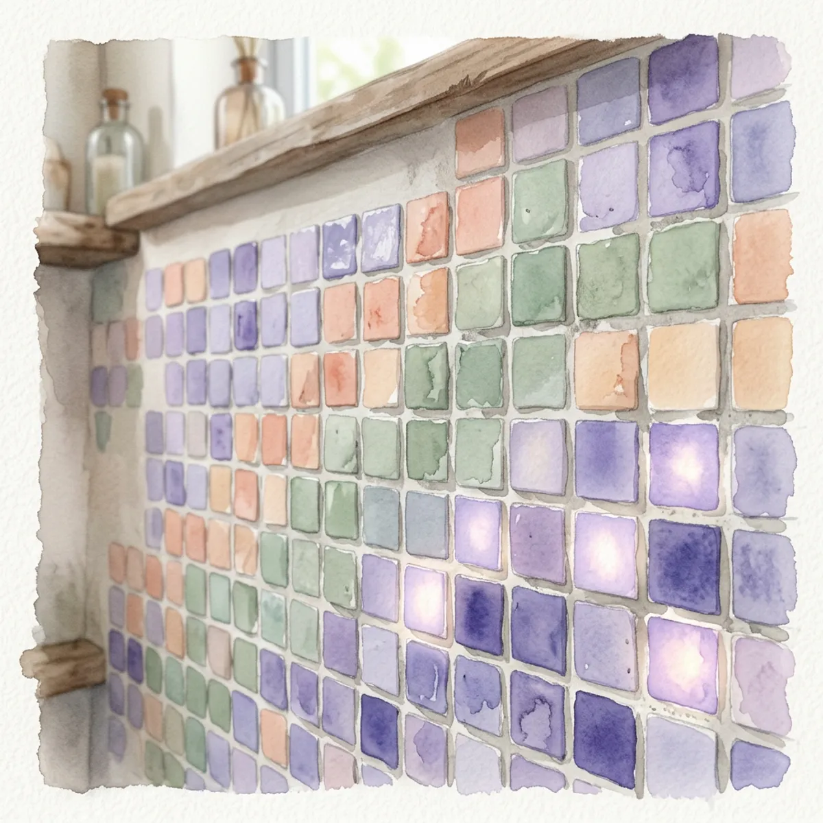 Watercolor mosaic of small hand-painted square tiles in lavender, coral and sage, one tile encircled by a ring