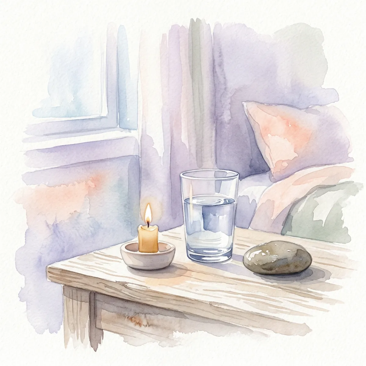Watercolor of a small lit candle beside a glass of water and a smooth stone on a bedside table