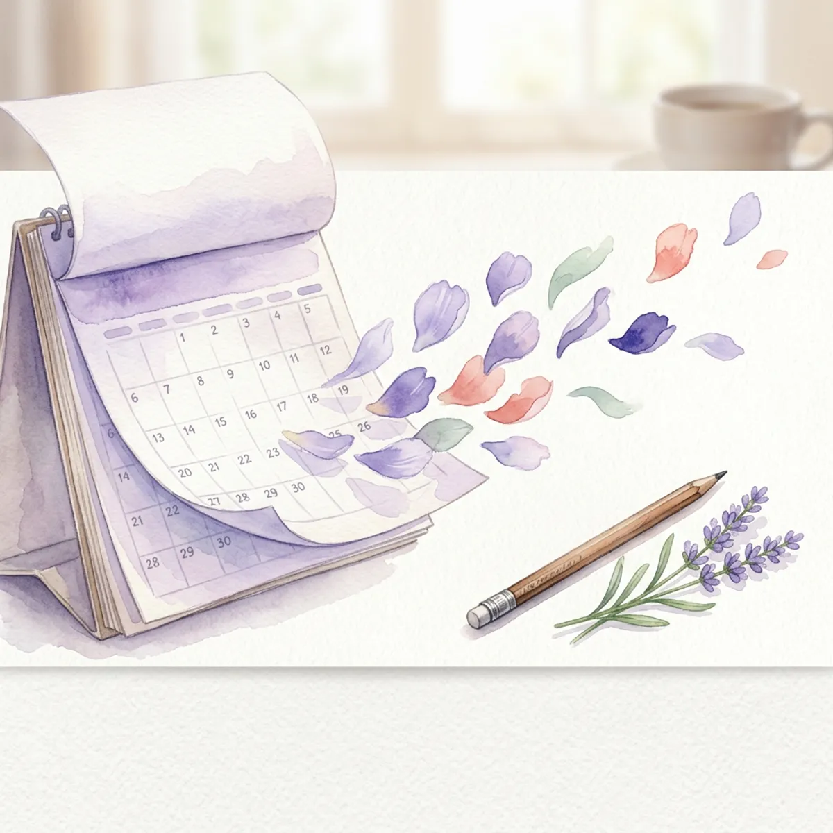 Watercolor of a calendar page dissolving into soft petals beside a pencil and a sprig of lavender