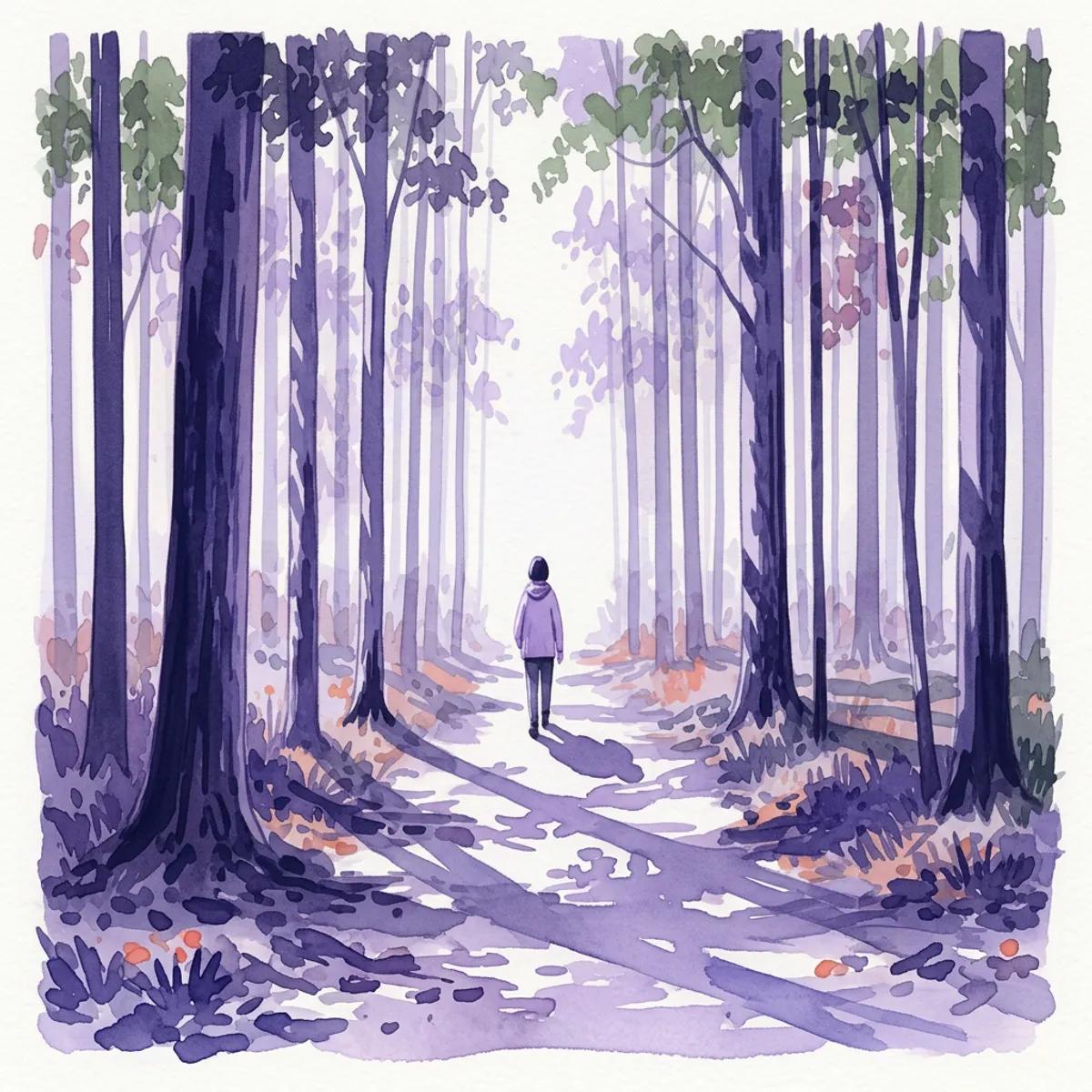 Watercolor illustration of a person walking on a quiet forest path