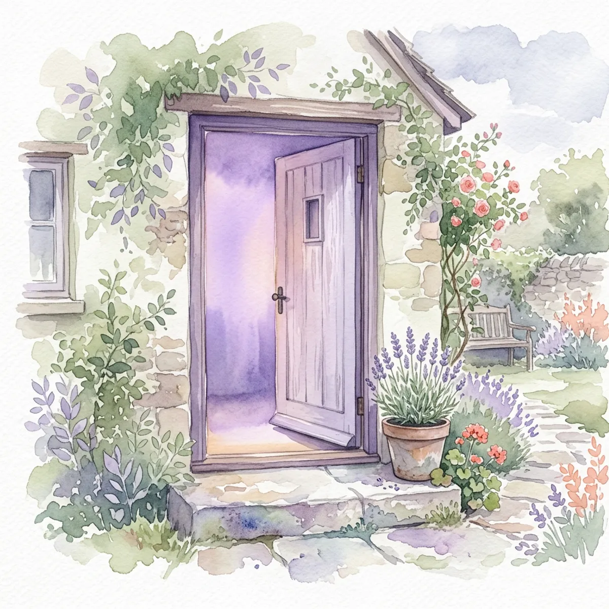 Watercolor of an open front door with warm lavender light spilling onto a doorstep beside a potted plant