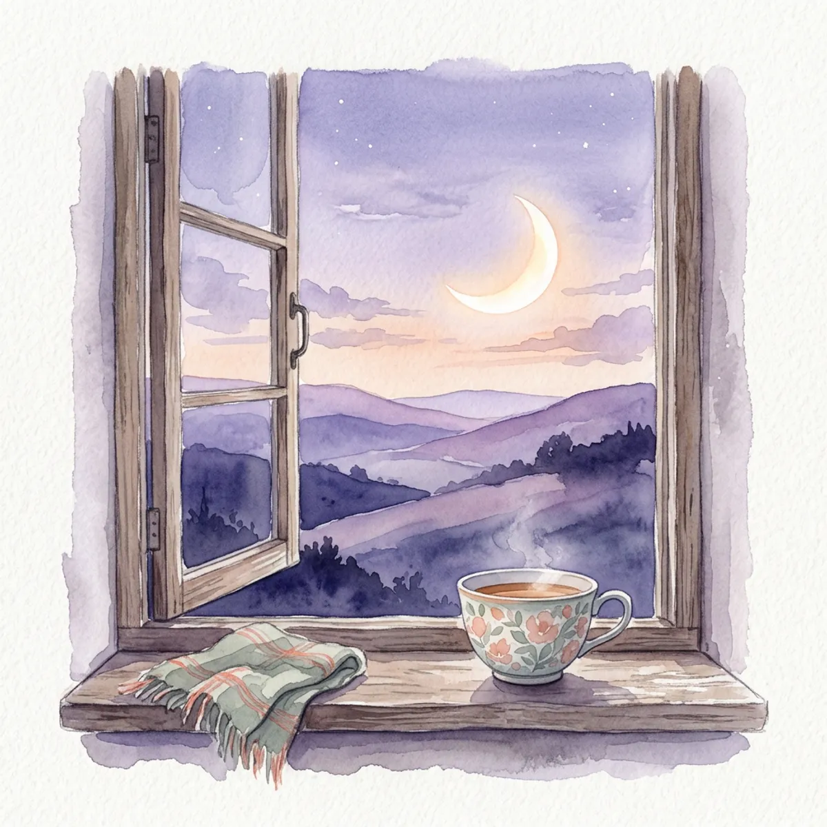 Watercolor of a moon rising over violet hills seen through a window, with a cup of tea on the sill