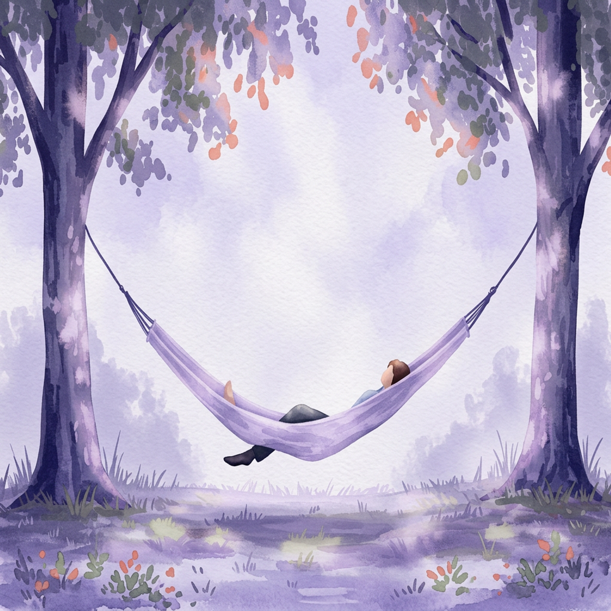 Watercolor illustration of a person resting in a hammock between two trees with soft afternoon light