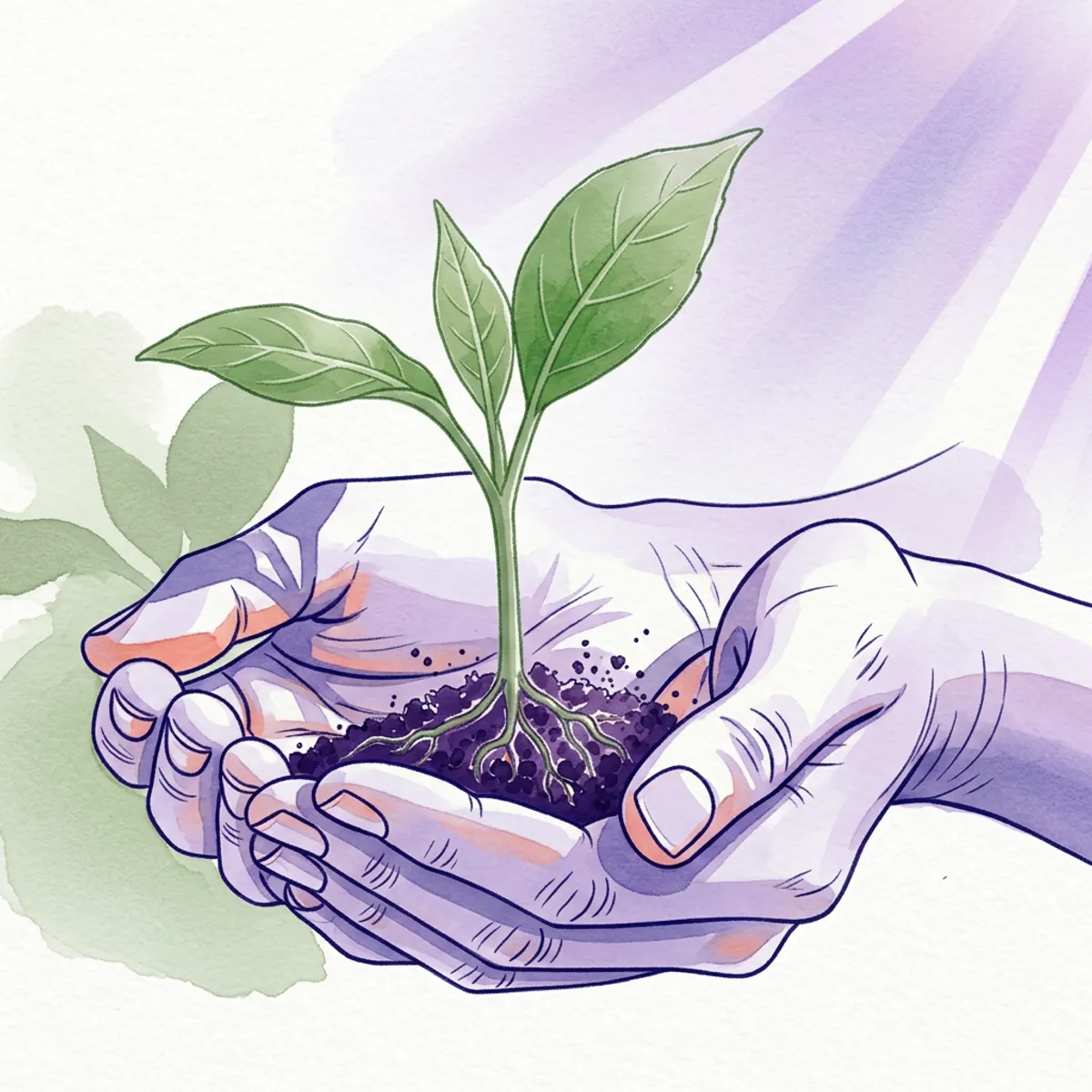Watercolor illustration of hands gently holding a growing plant seedling