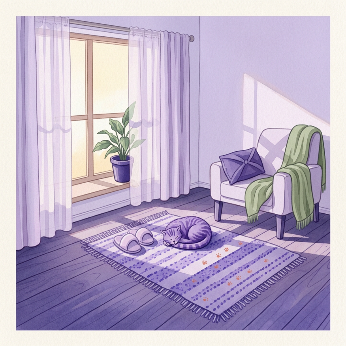 Watercolor illustration of a sunlit living room corner with a sleeping cat curled on a rug, slippers nearby, soft linen curtains and an empty armchair with a draped throw