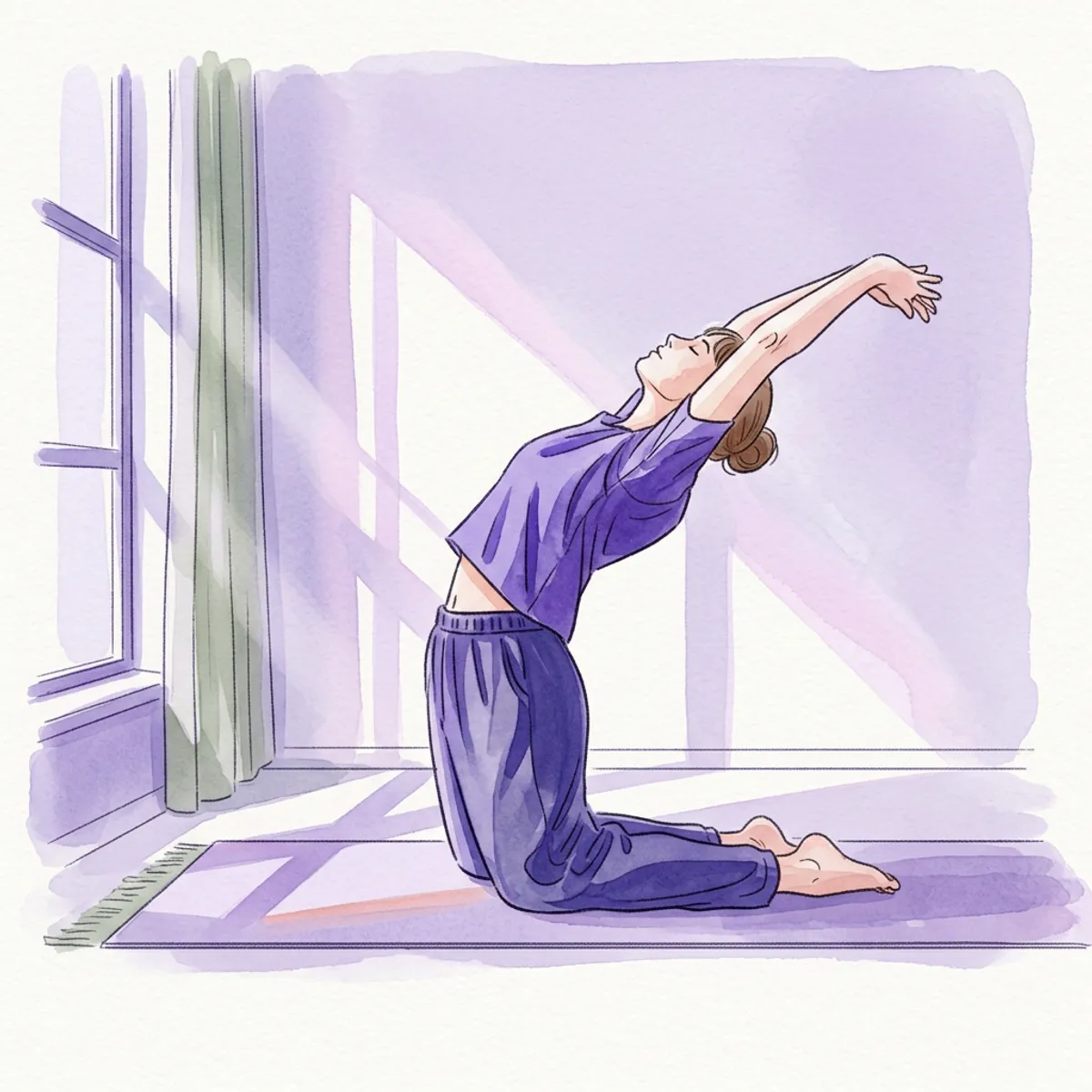 Watercolor illustration of a person stretching gently on a yoga mat in morning light