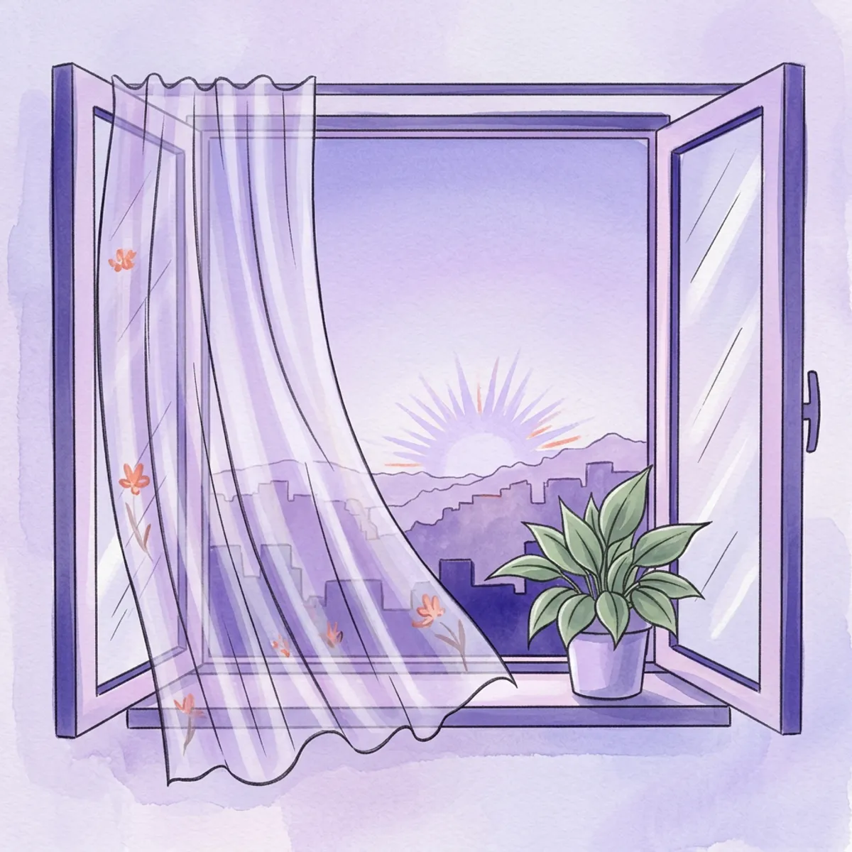 Watercolor illustration of an open window with curtains and a sunrise