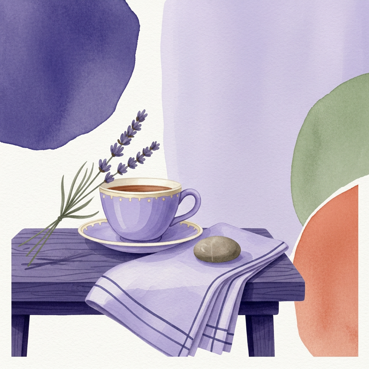 Watercolor still life of a teacup, dried lavender, a folded linen cloth and a river stone on a wooden table