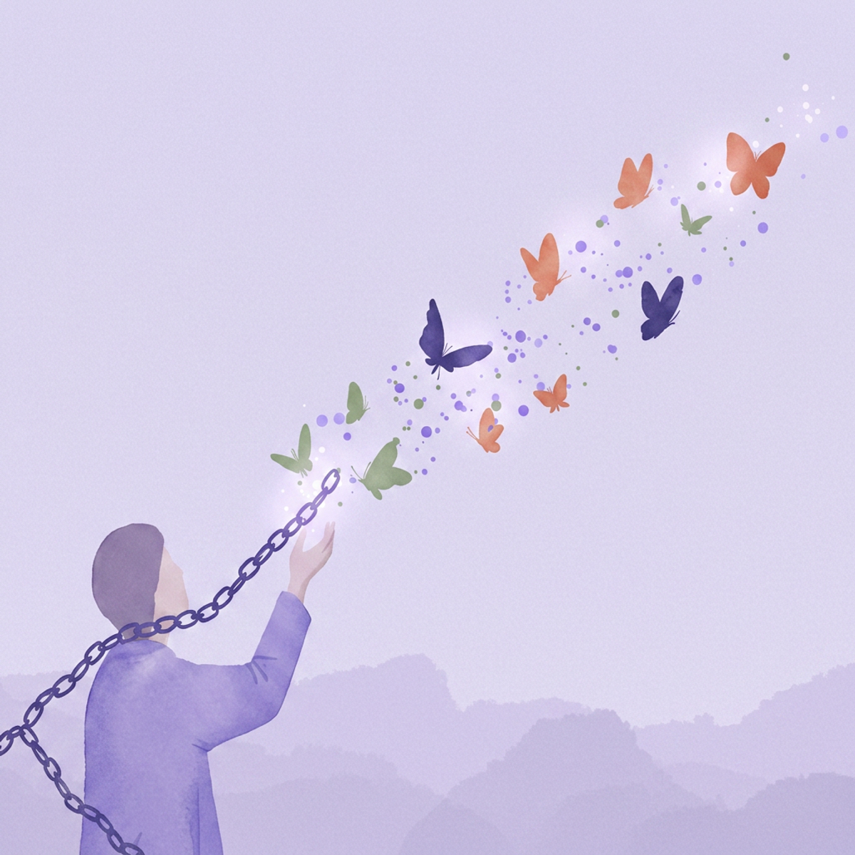 Watercolor illustration of a person releasing glowing chain links that dissolve into butterflies