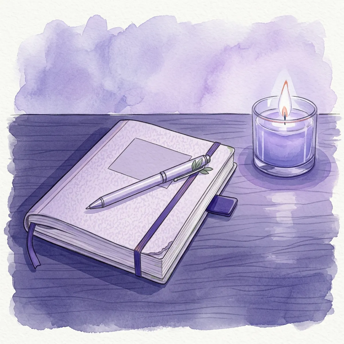 Watercolor illustration of a journal and pen on a desk next to a candle